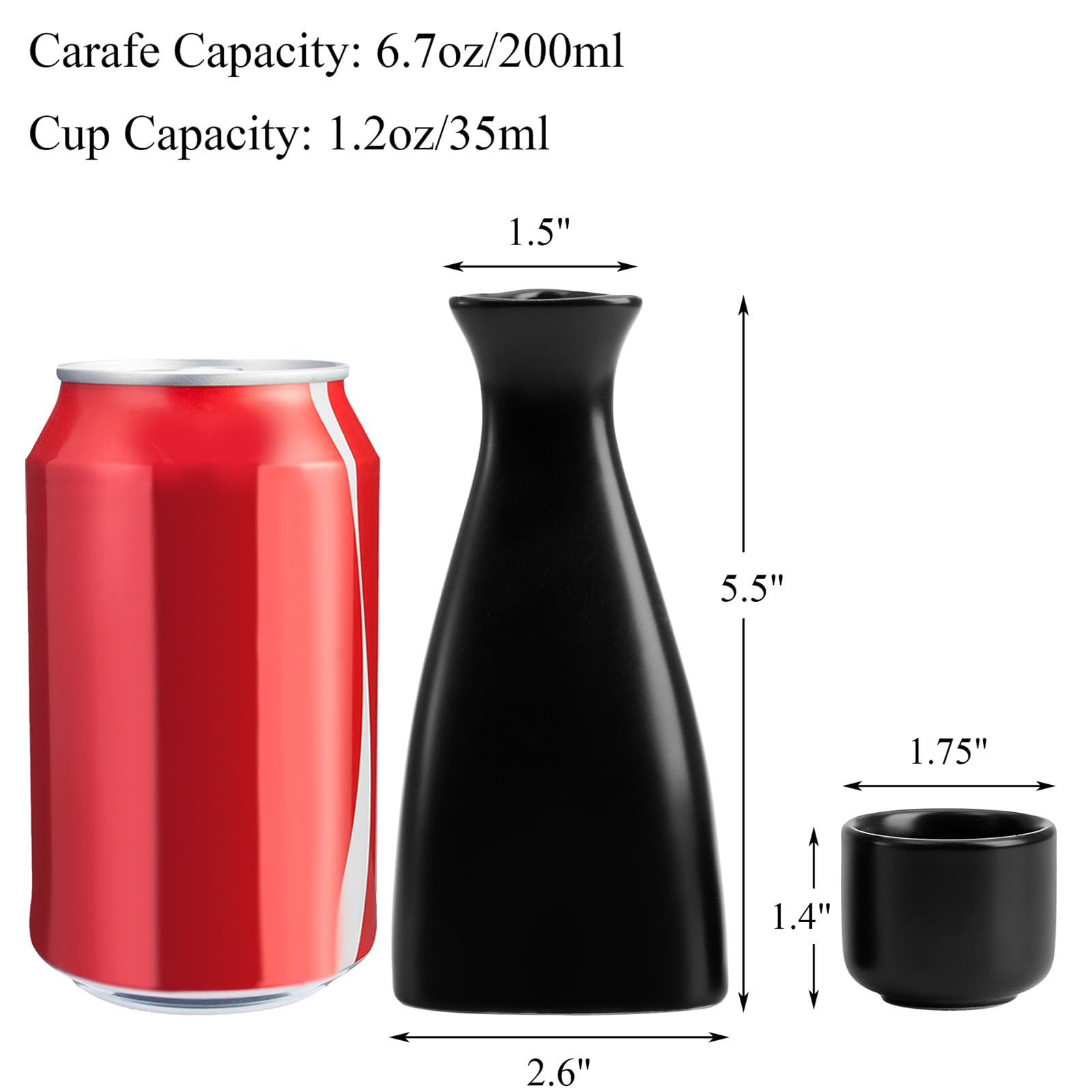 Tosnail Petit set à sake japonais en céramique, 1 carafe de service et 6 tasses, noir | Cadeau idéal pour les amateurs de sake. Carafe lisse en émail de forme triangulaire