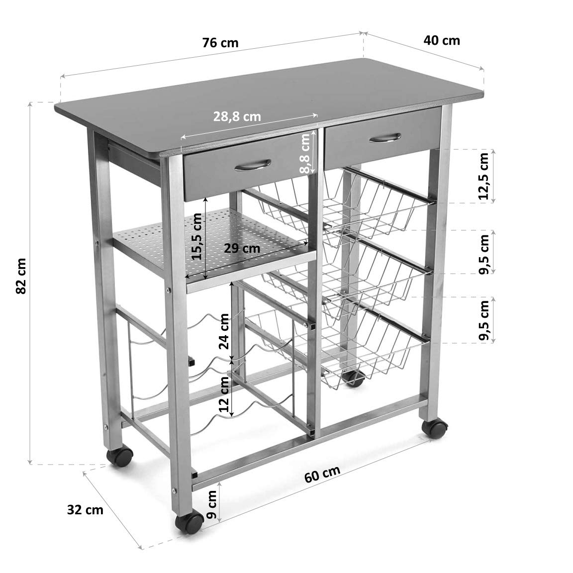 Versa Leicester Carro de Cocina con Ruedas, cajones y botellero, Verdulero con despensa y organizadores, Almacenaje de Cocina, Medidas (Al x L x An) 82 x 40 x 76 cm, Madera y Metal, Color Gris