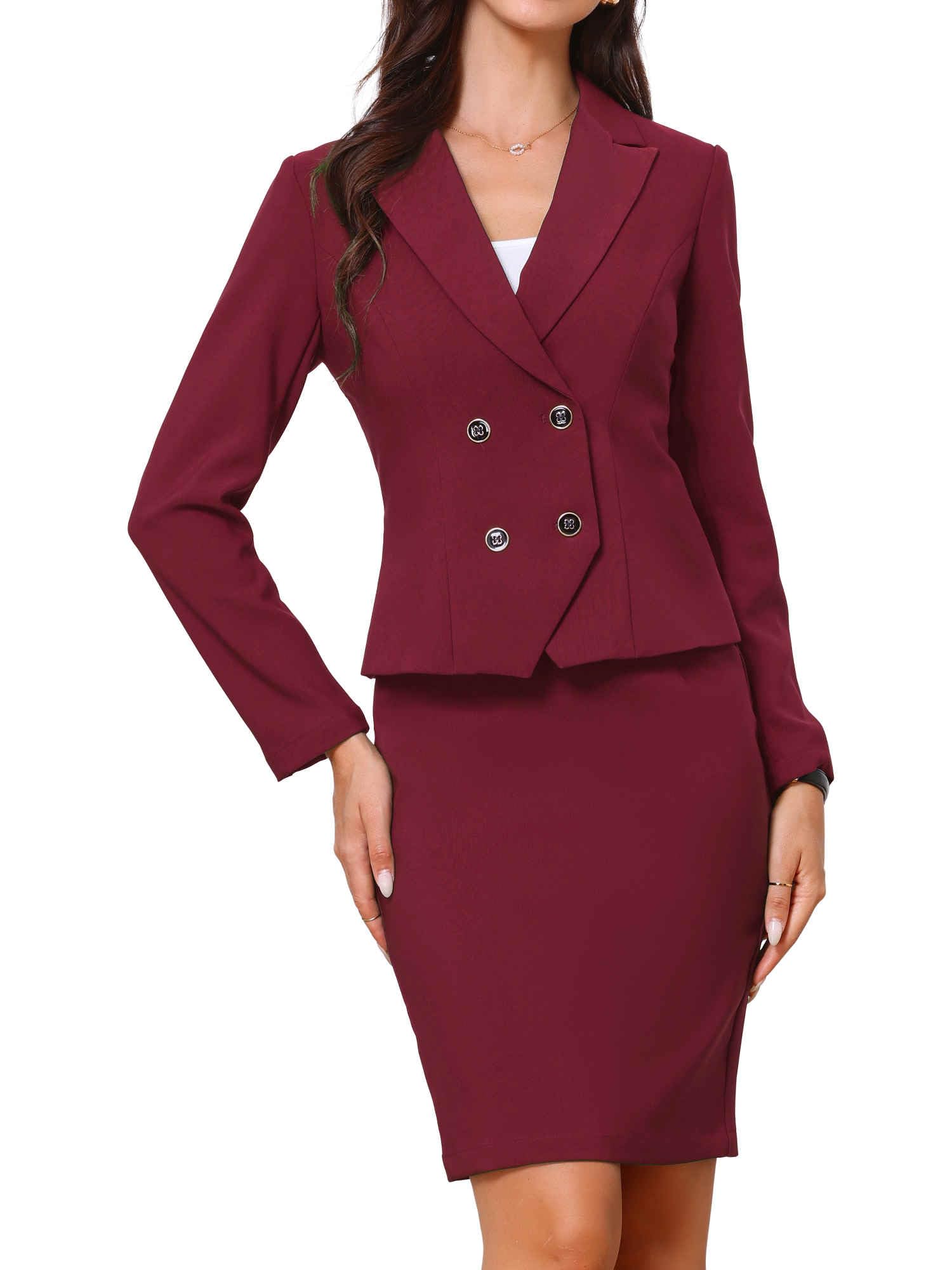 Allegra K Skirt Suit Sets for Womens 2 Pieces Office Double Breasted Blazer Pencil Skirt Business Outfits