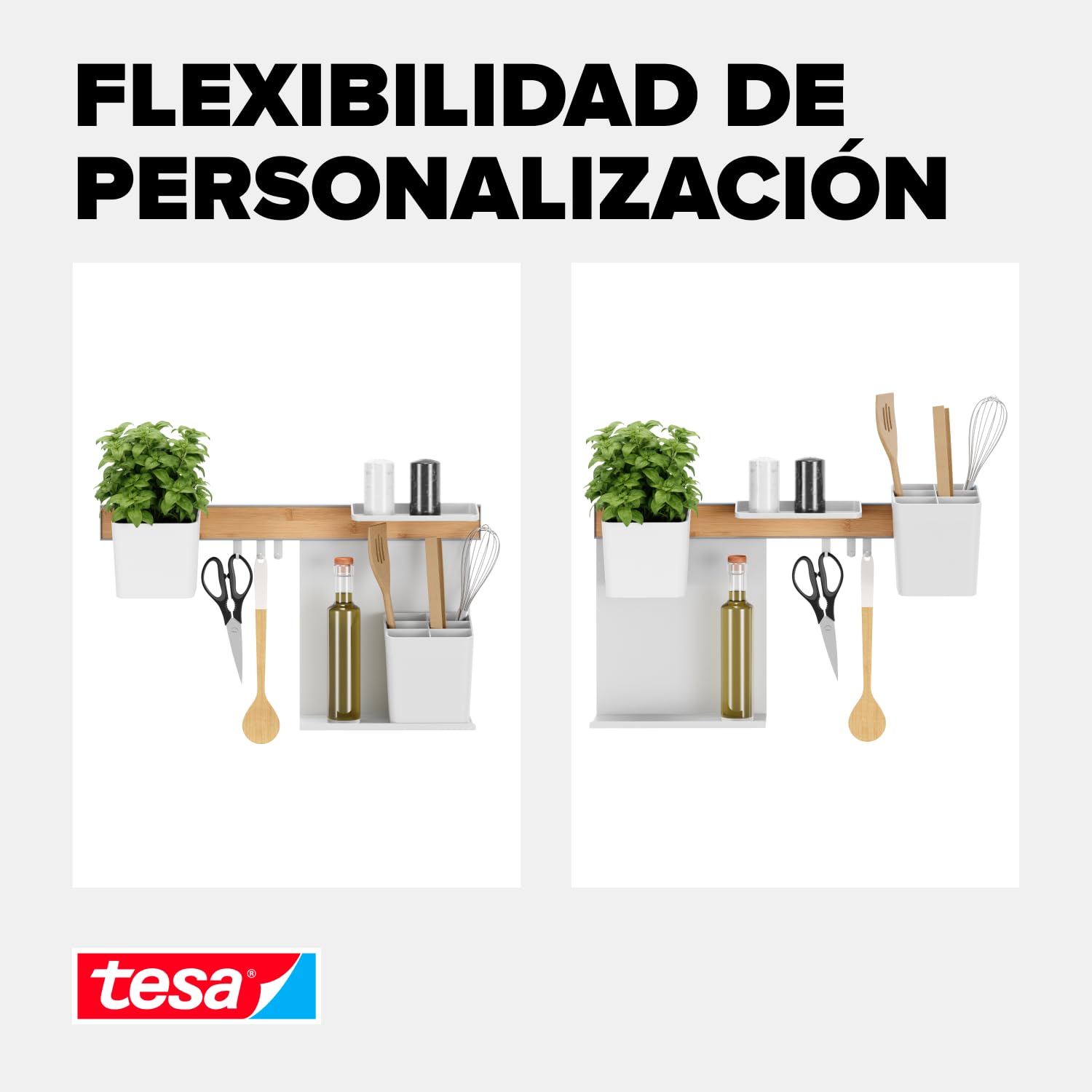 tesa Set Organizador de Cocina M - Riel Autoadhesivo con Maceta para Hierbas, 2 Repisas, Recipiente para Utensilios, Barra con 3 Ganchos - Montaje sin Taladrar - Bambú/Blanco