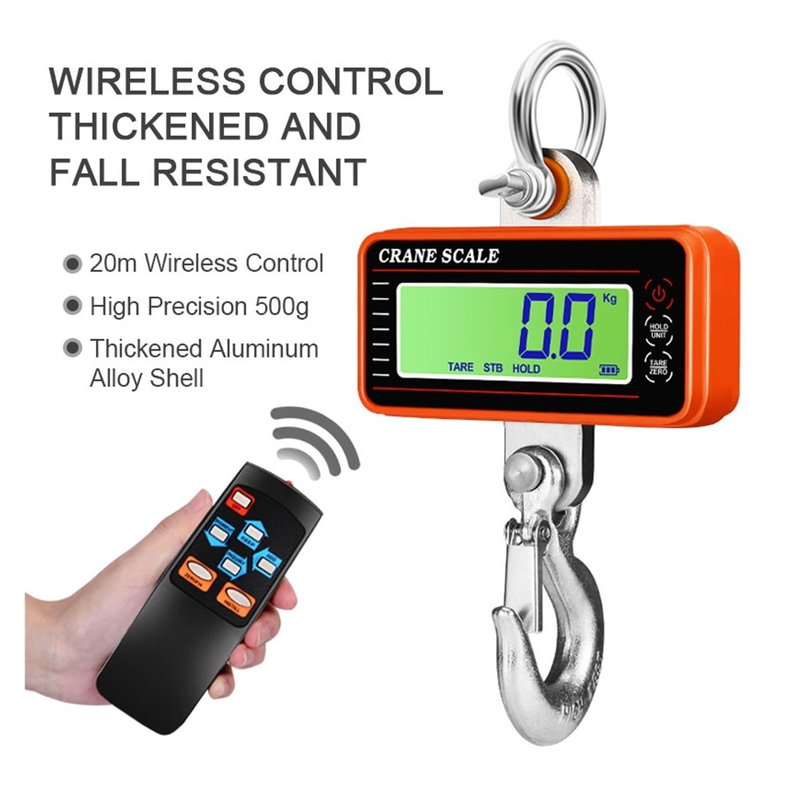 Báscula de grúa digital Báscula de grúa de alta precisión de 1500KG/500g, báscula de pesaje Digital con pantalla LCD/LED con Control remoto, báscula colgante Industrial(Orange LED Display)