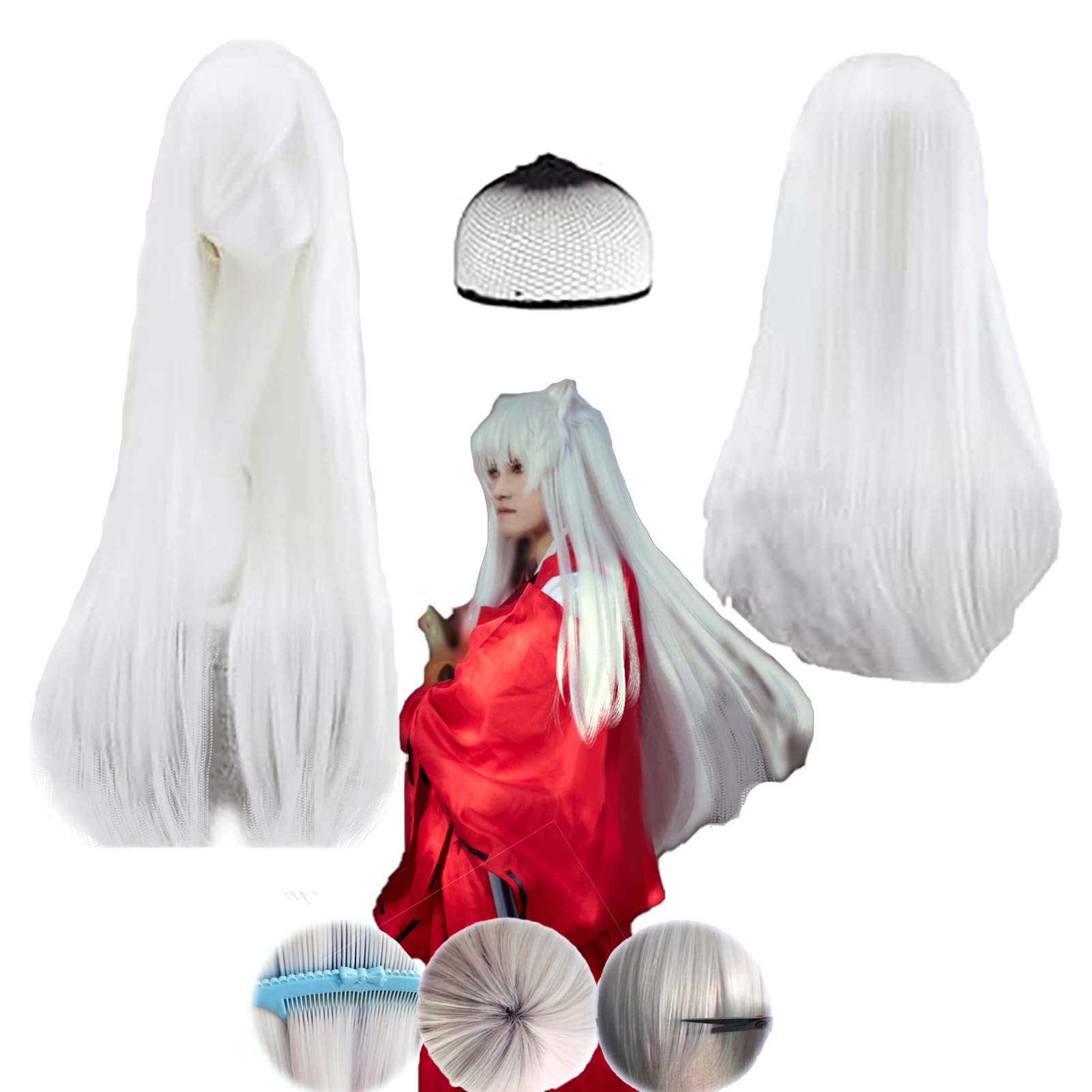 YutniverseWig Cap+ 32inch Long White Wig with Bangs Straight Cosplay Wig for Women Anime Wig Synthetic Party Wig Straight White For Halloween Christmas