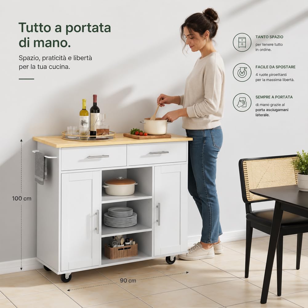 BAKAJI Isola da Cucina con Ruote e Top Quercia, Mobile con Scomparti, Cassetti e Ripiani, Ideale per Stoccaggio e Organizzazione Casa, Carrello Indipendente Salvaspazio 90 x 46 x 100 cm