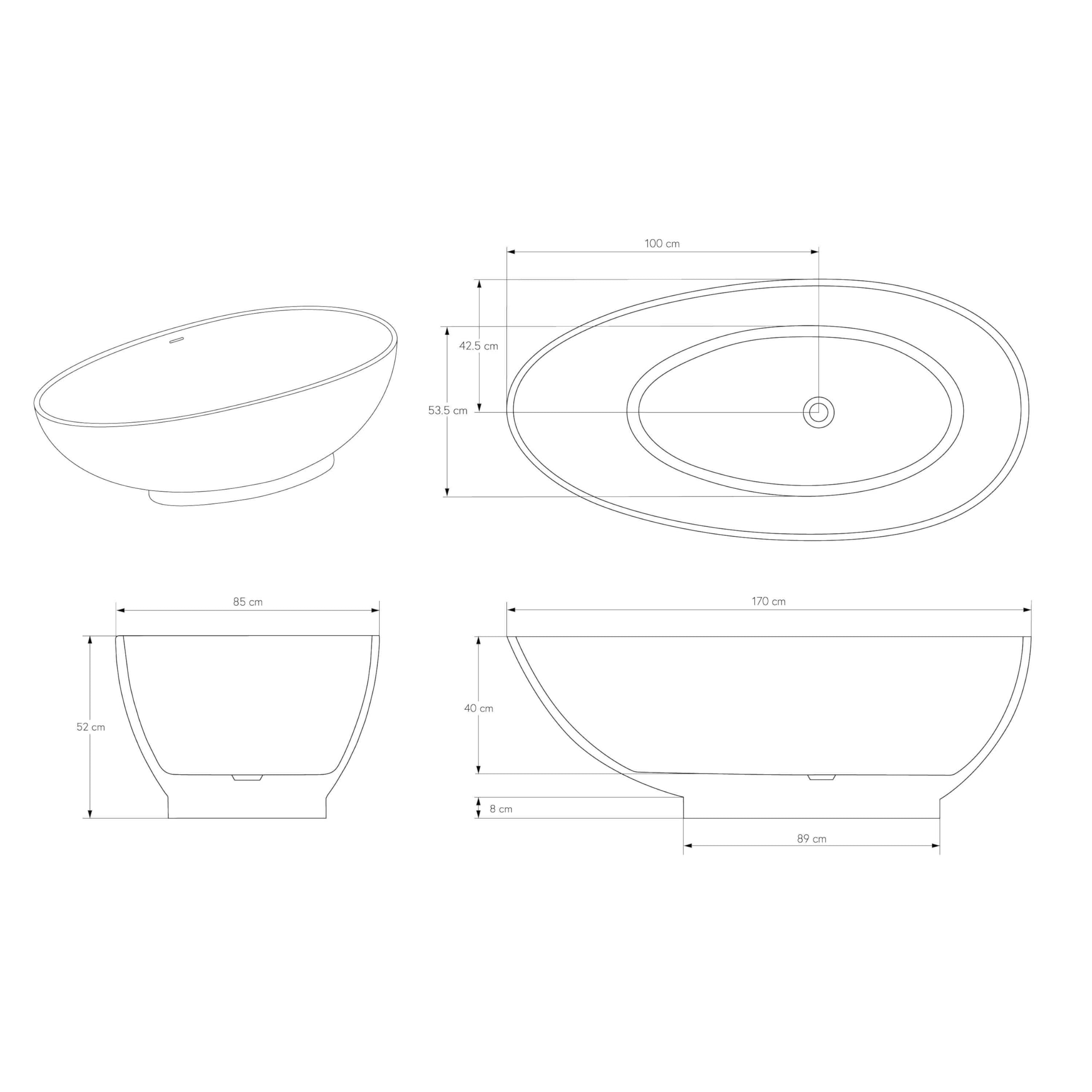 Vasca da bagno freestanding in Solid Stone VIGO - bianco opaco - Senza rubinetteria, Senza sistema di drennaggio, Dimensioni:170 x 85 cm