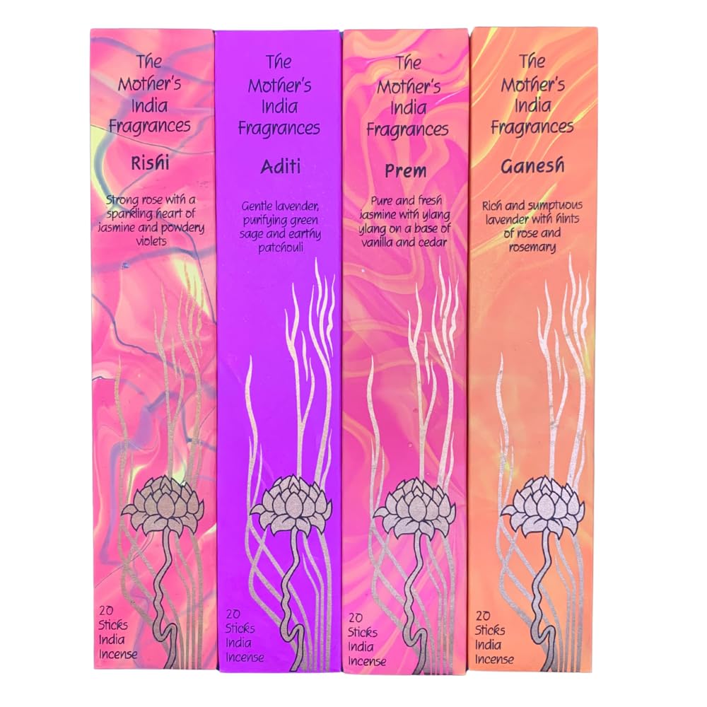 Giftlocaluk Multicolor Mother India Love & Harmony Incense Sticks Set – 4 Pack (Aditi, Prem, Rishi, Ganesh) – Floral & Herbal Natural Incense For Love, Balance & Relaxation (80 Sticks)