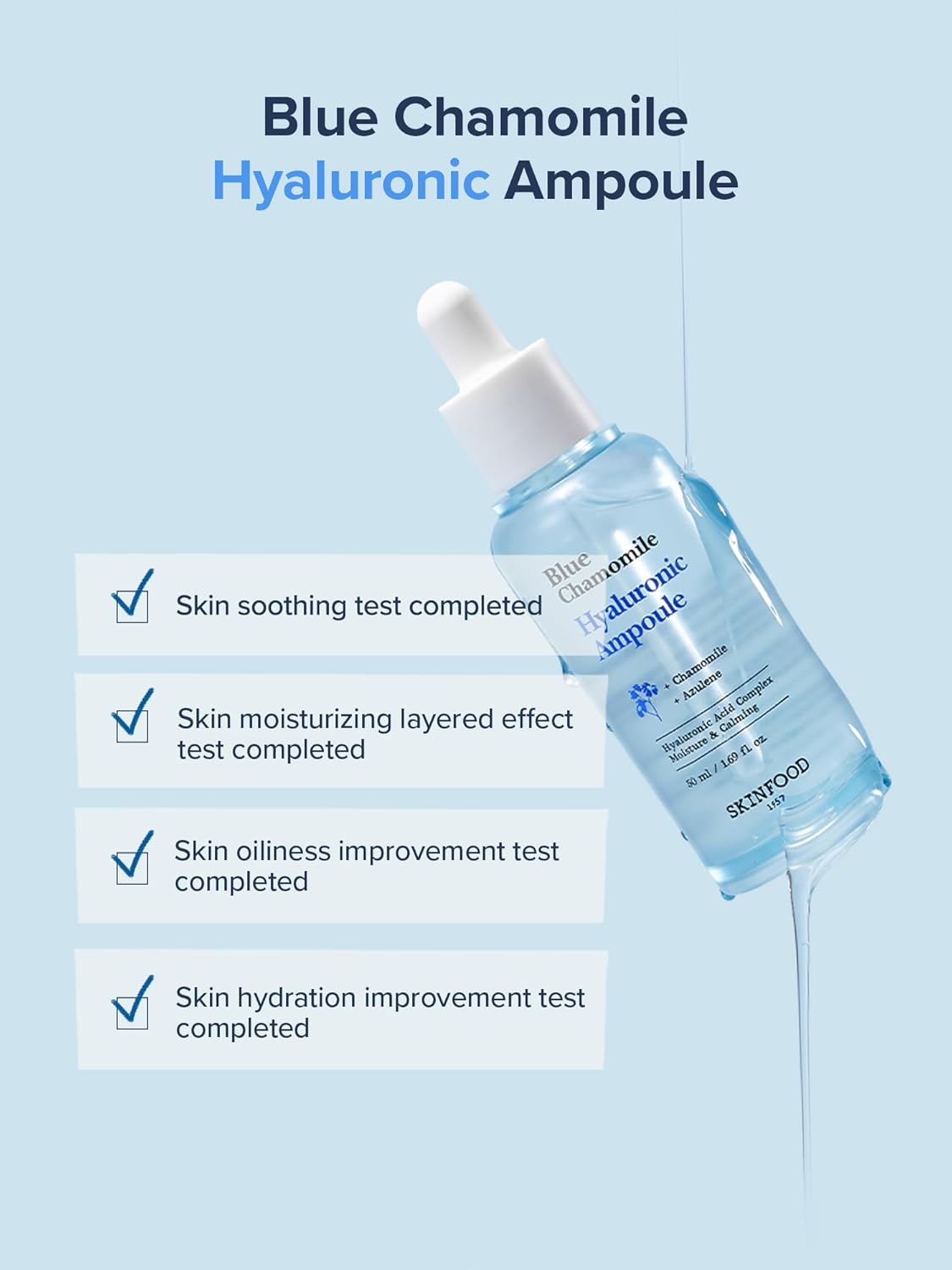 SKINFOOD Blue Chamomile Hyaluronic Ampoule, Korean Skincare Facial Serum for Soothing & Hydrating Skin, Hyaluronic Acid, Chamomile Flower Water, Calming Moisture Boost, 50ml / 1.69 fl.oz. - Image 3