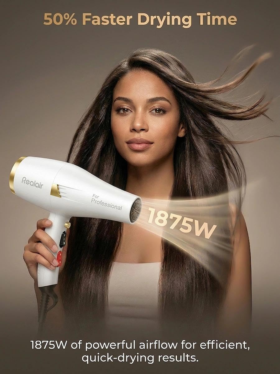 Salon Hair Dryer, Professional Blow Dryer AC Motor Fast Drying with 2 Speed, 3 Heat Setting, Cool Button, with Diffuser, Nozzle, Concentrator Comb for Curly & Straight Hair