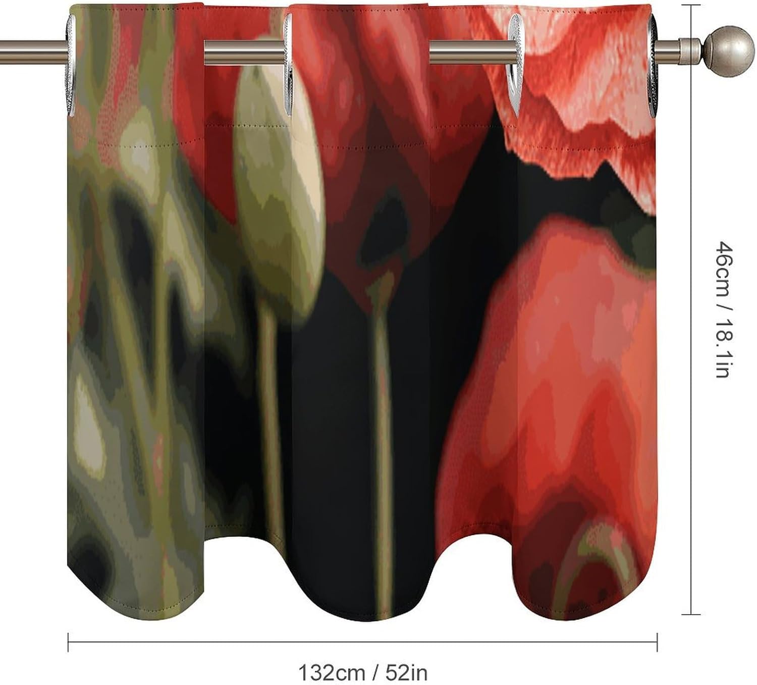 Red Poppy Flowers Leaves Valances for Window 2 Panels. Light Filtering Curtains Farmhouse Short Small Valance.Modern Curtains for Windows Living Room Kitchen Over Sink.