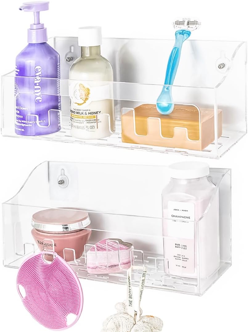 ANGORA BRANDS Acrylic Shower Shelves, 2 Pack Bathroom Shower Caddy Organizer, No Drilling, Adhesive Wall-Mounted Floating Shelves, Tranparent Shelf Organizer for Storage & Display by Cotea