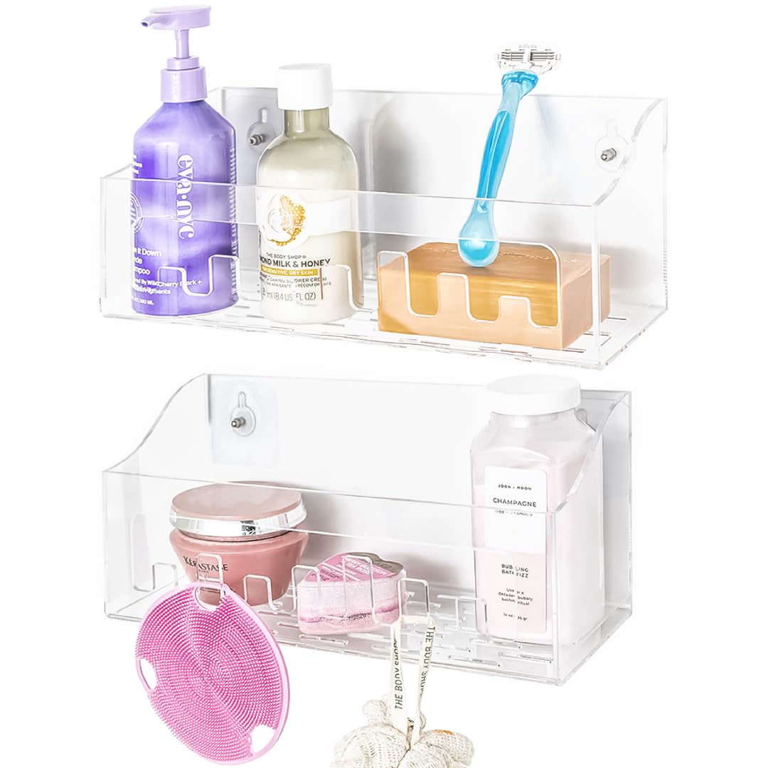 ANGORA BRANDS Acrylic Shower Shelves, 2 Pack Bathroom Shower Caddy Organizer, No Drilling, Adhesive Wall-Mounted Floating Shelves, Tranparent Shelf Organizer for Storage & Display by Cotea