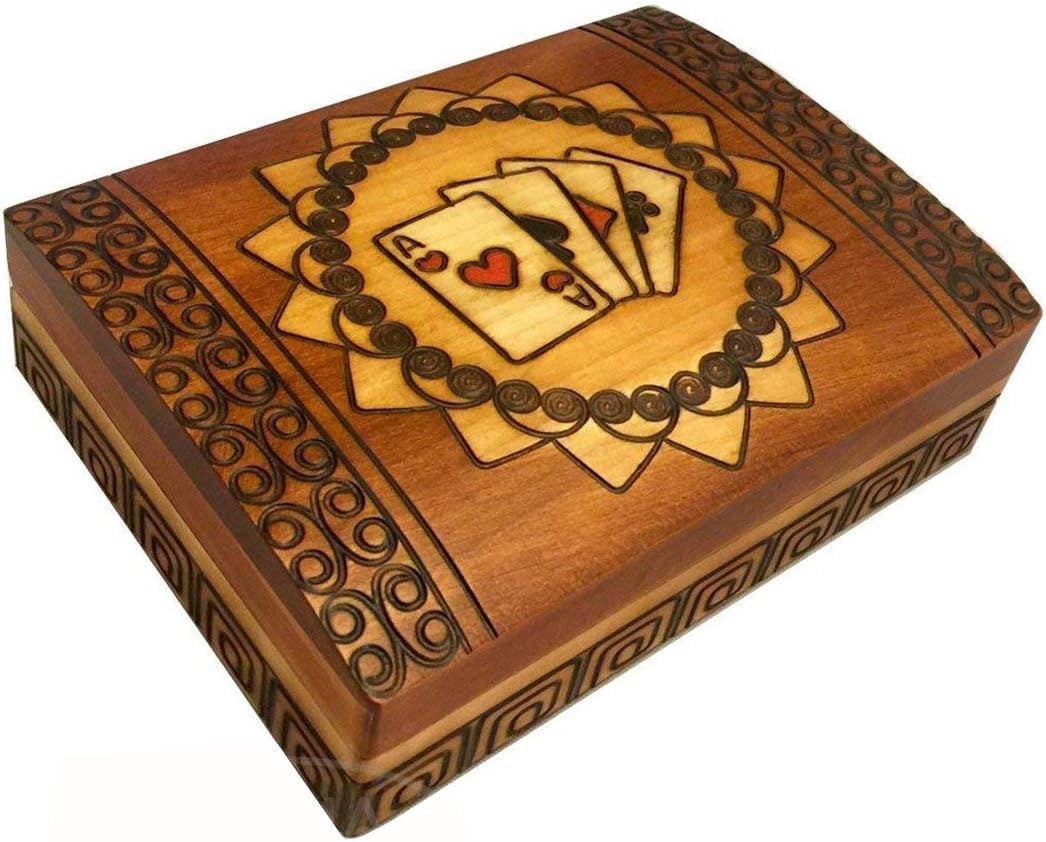 Polish Wooden Double Deck Playing Cards Box Handmade Lined Wood Keepsake Box with Jack Daniel's Playing Cards