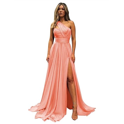 Coral Pink Long Prom Dresses for Women Formal Elegant One Shoulder Pleated Chiffon Evening Gowns with Slit 2023 Pockets Size 8