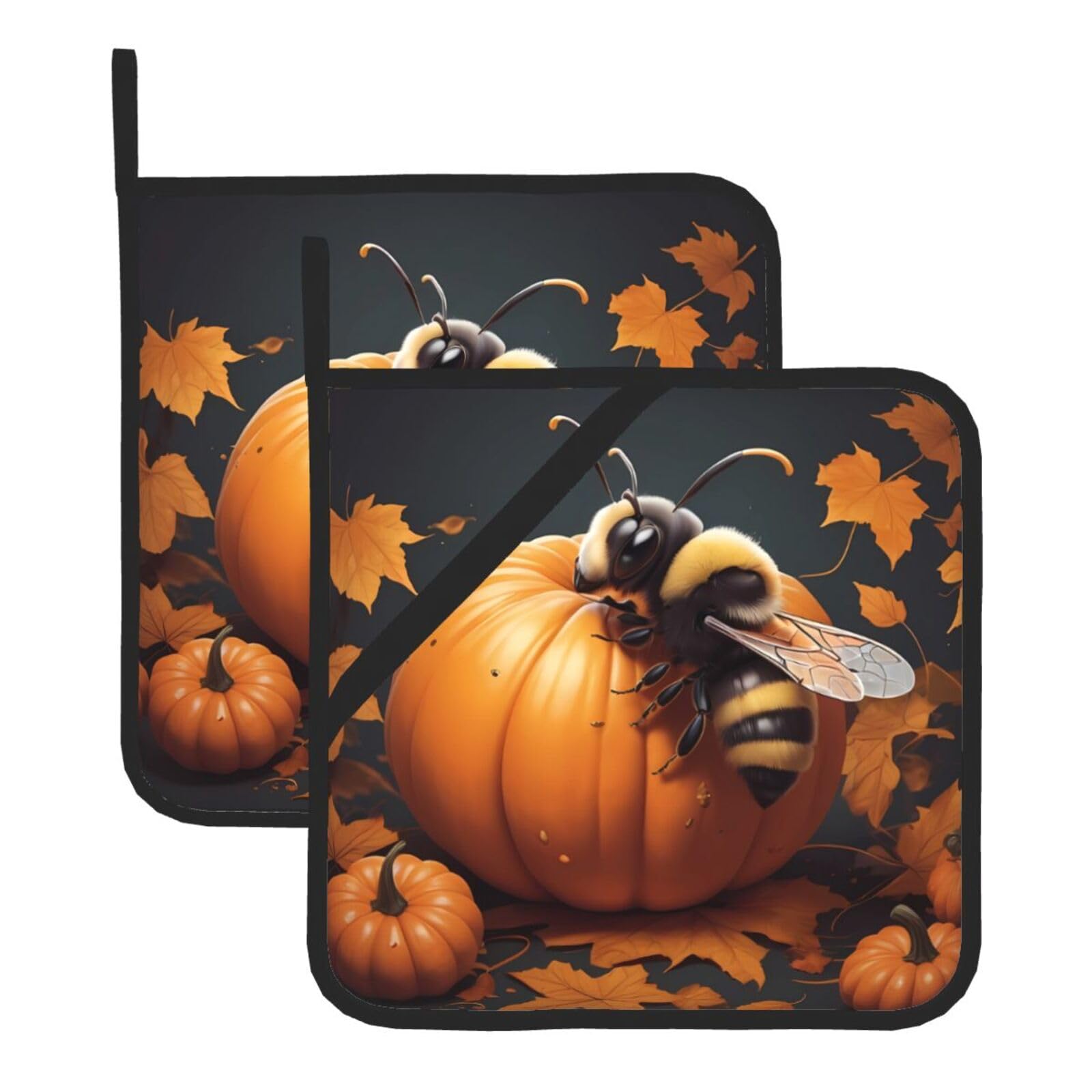 HJFCZH Bee On A Pumpkin Printed Square Insulated Pot Mat Set (2-Piece) 8x8in Waterproof, Thickened & Easy to Clean with Lanyard Design for Kitchen, Oven & BBQ
