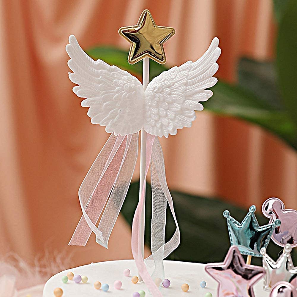 ERIZONE White Angel Feather Wings Cake Picks Star Topper Happy Birthday/Dessert Picks For Baby Shower/Wedding/Cupcake Sticks For Kids Party/Event Gift Supplies Valentine'S Day Party Decoration