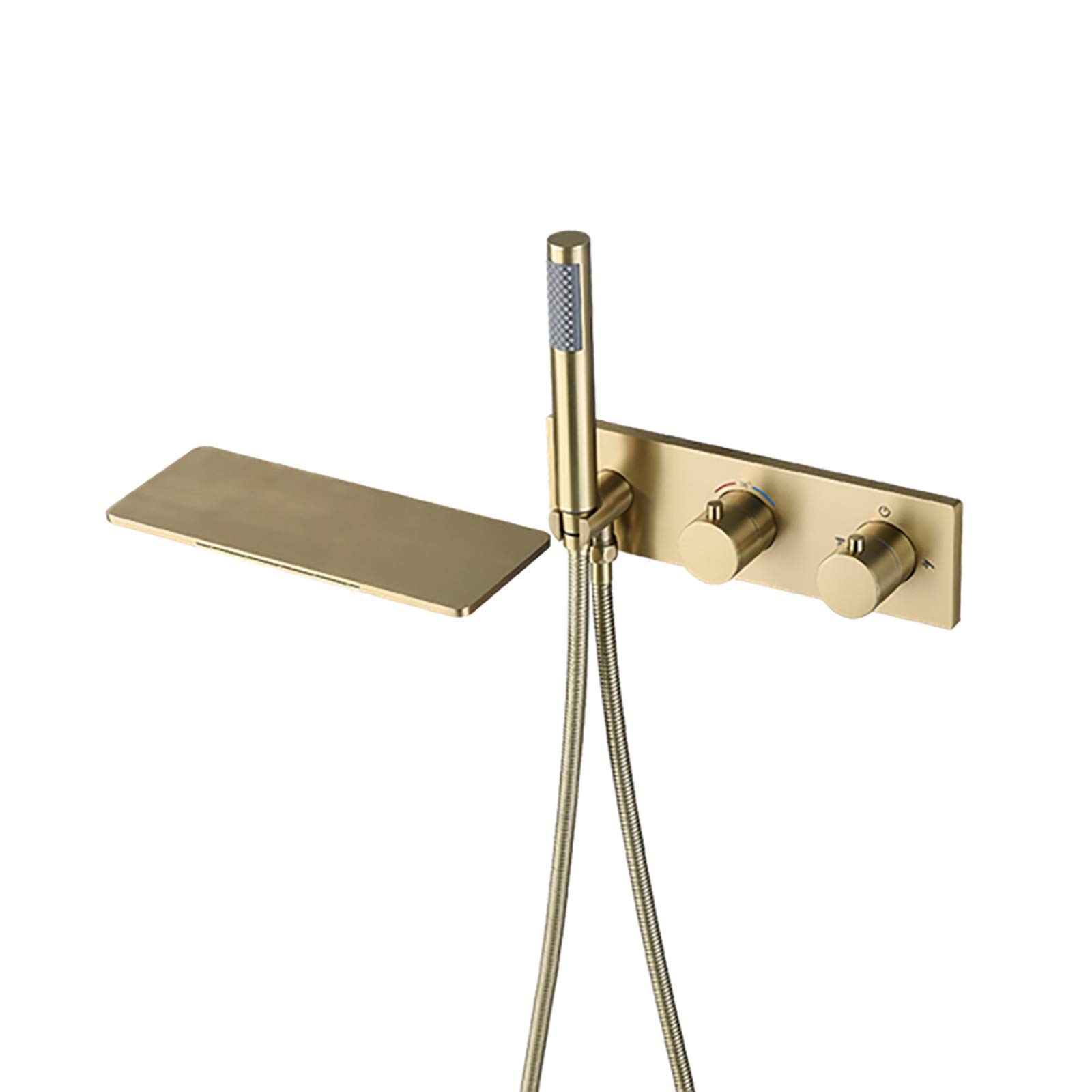 AYCDL Thermostatic Bathtub Faucet Waterfall Tub Faucet Brushed Gold Tub Tap Wall Mounted Brass Tub Filler Faucet with Handheld Shower Head, Embedded Box