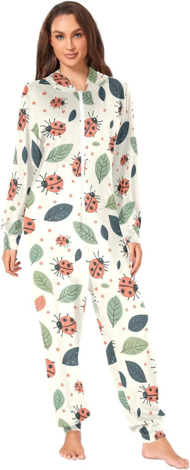 ZZKKO Insects Green Leaves Adult Onesie Pajamas for Women Men Cozy One Piece Pajamas Costume Zip-Up Hooded S-XL