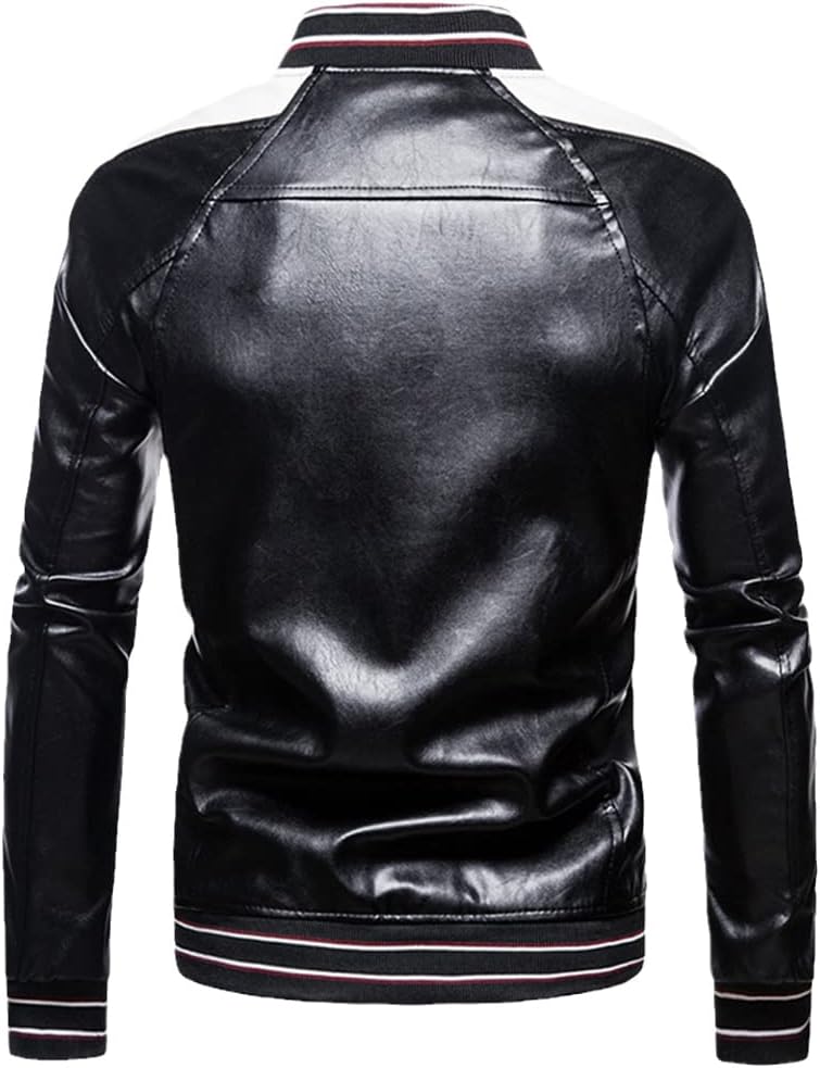 Men's PU Leather Jacket Motorcycle Lapel Punk Coat Faux Moto Biker Racing Color Patchwork Outerwear