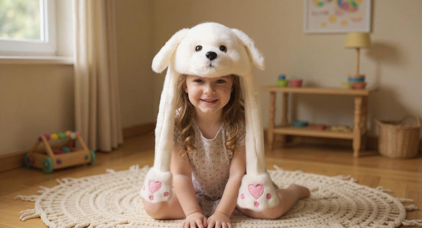 Bubblepompom Animal Hat with Ears Moving Jumping Pop Up Beating Hat Plush Holiday Cosplay Dress Up Funny Gift for Kids