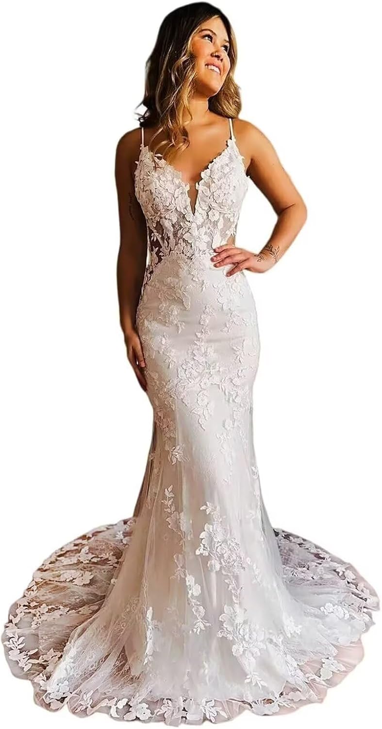 Mermaid Wedding Dresses for Bride 2026 Lace Appliques Boho Beach Satin Bridal Gown with Train for Women