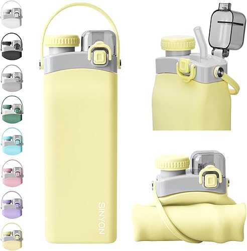 Sinyon Botellas de agua plegables, botella de agua reutilizable de silicona de 20 onzas con popote y correa, botella de agua deportiva plegable a