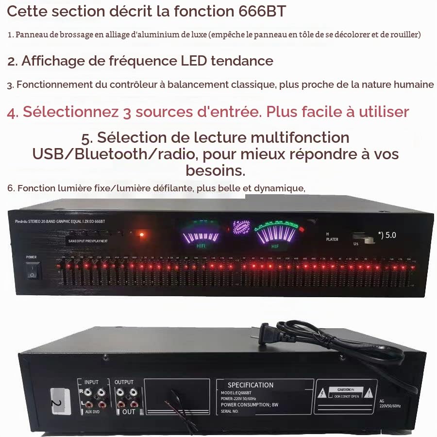 EQ-666BT Égaliseur Bluetooth sans perte stéréo 40 bandes Contrôleur d'effets numériques audio,Égaliseur de réglage Hi-Fi Home EQ,Égaliseur de réglage haut/moyen/basse,carte support/disque U, black