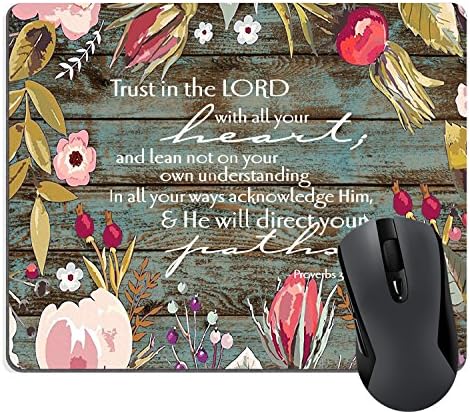 Wknoon Christian Bible Verses Scripture Quotes Proverbs 3-5 Mouse Pad, Trust in The Lord with All Your Heart Mouse Pads Vintage Old Floral Wood Design Mat
