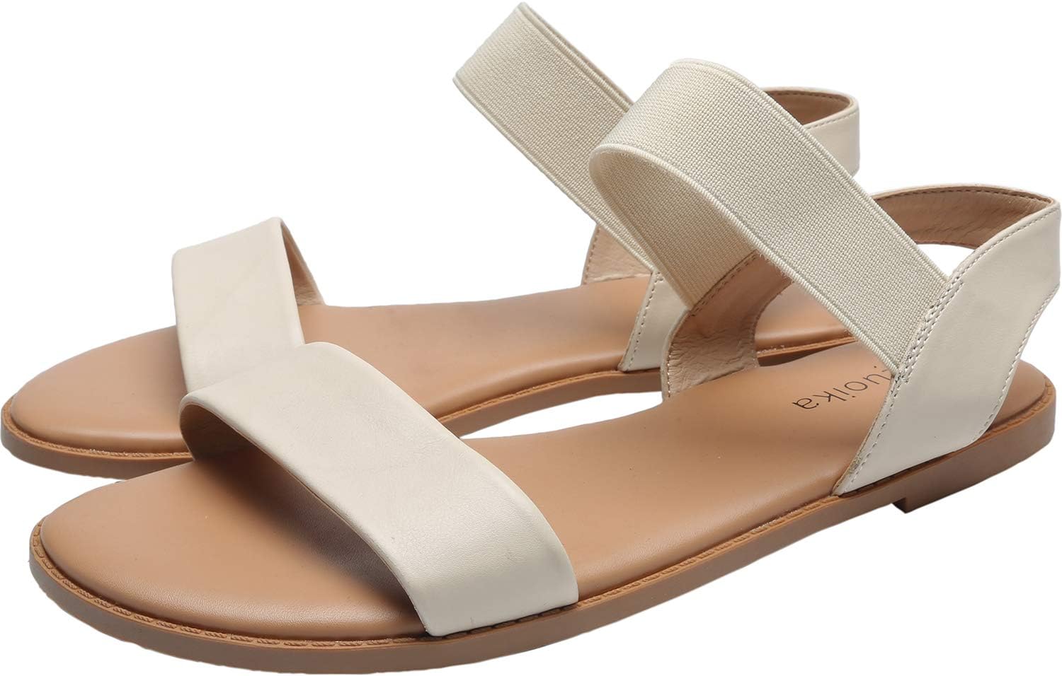 Women's Wide Width Flat Sandals - Classic One Band Elastic Strap Comfortable Summer Shoes.(181118,Beige,6)