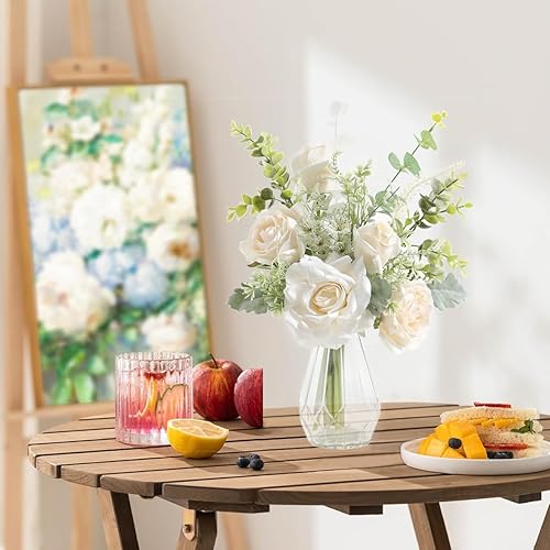 Miniatura 4 de GAATEEK Flores artificiales con jarrón, rosas de seda blanca y planta sintética de eucalipto en jarrón, arreglo floral sintético con jarrón adecuado
