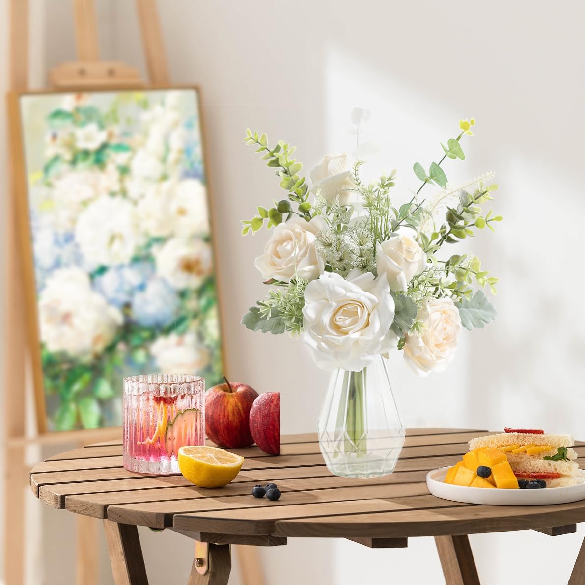 Centrotavola Con Fiori Artificiali In Vaso - Rosa Bianca, Ortensia, Eucalipto - Altezza 30,5 Cm - 3