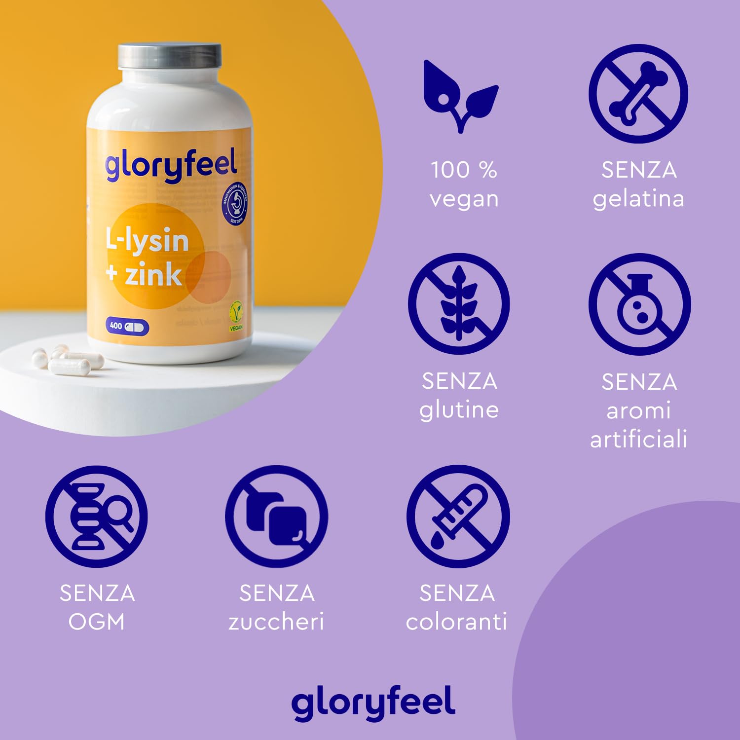L-Lisina, 400 Capsule, 1.000 mg di L-lisina + Zinco 1,5 mg per Dose Giornaliera, da Fermentazione Vegetale, Vegana, ad Alto Dosaggio, Senza Additivi, Prodotta e Testata in Laboratorio in Germania