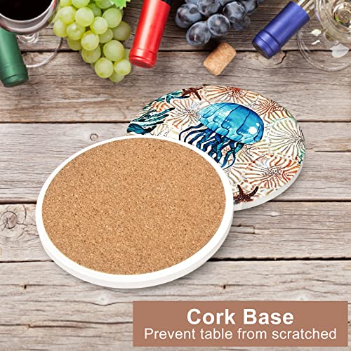 6 Pcs Round Absorbent Ceramic Coasters With Holder Best Seaside Ocean Life Coasters Beach Themed Drink Coasters Set Modern Decorative Coffee Table Coasters Cup Beverage Bar Coasters #TOP4