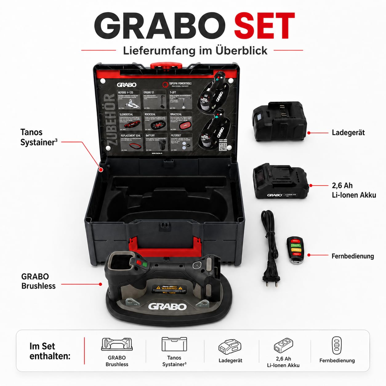 GRABO Pro Brushless - Digitaler Akku Vakuum Saugheber [Inkl. 18V Akku und Ladegerät] Im Tanos Systainer3. 120kg Hubkraft, mit Brushless Vakuumpumpe, Großes Digital Display (GPBT) (Im Tanos Systainer3)