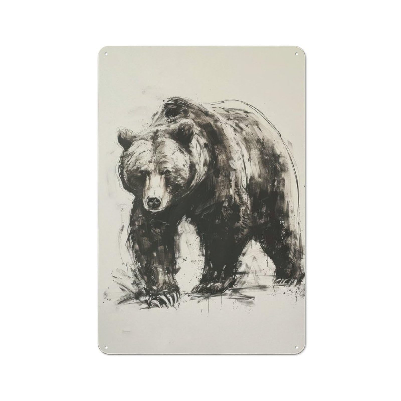 Junmoney Bear In Charcoal Sketch Metal Sign 30X20cm With For Hallway Wall, Rustic Decor, For Furnishing A New Hallway With Rustic Decor