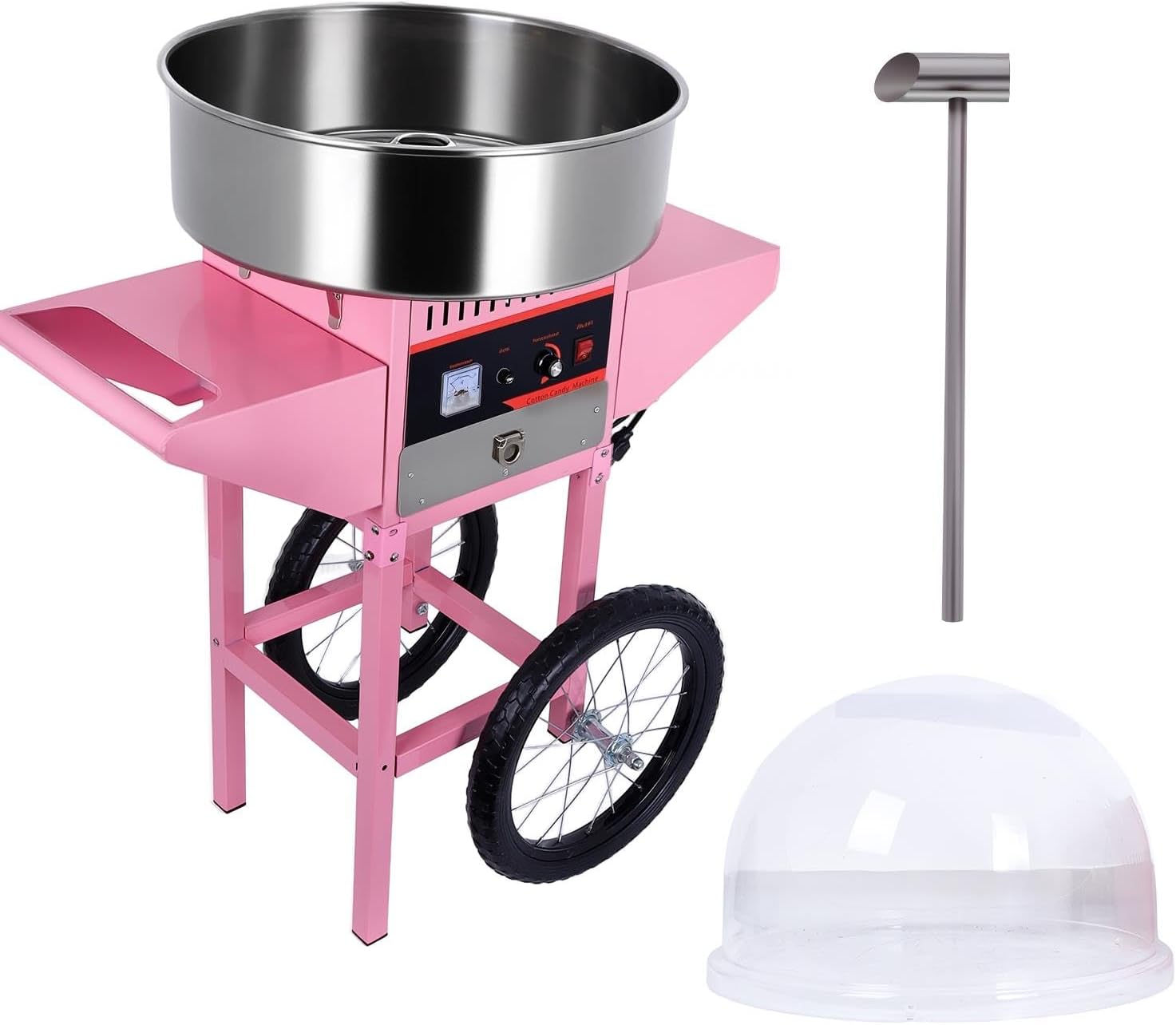 1000W Electric Cotton Candy Machine Cart, Candy Floss Maker with Bubble Shield, Candy Dispenser with Stainless Steel Bowl, Sugar Scoop, Candy Cart for Family and Various Party Pink