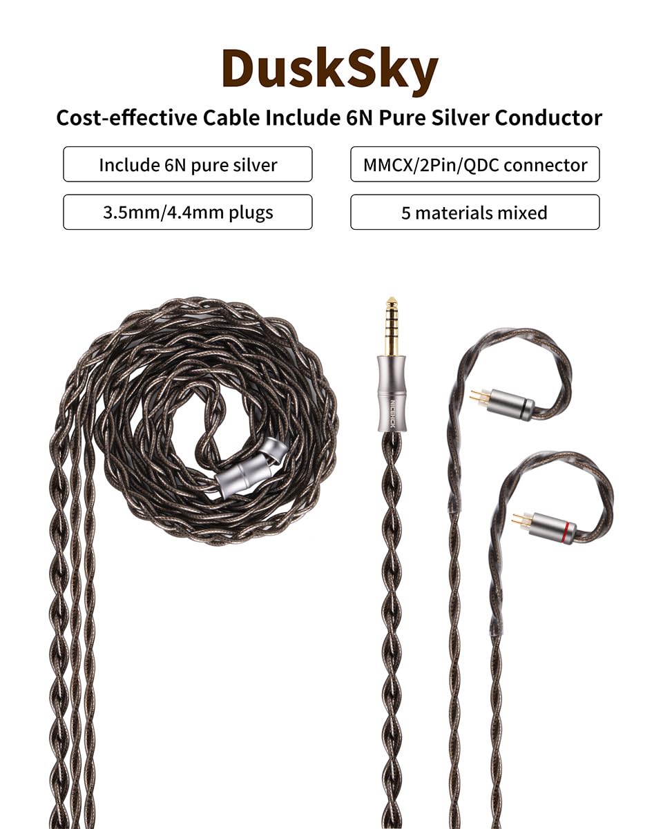 【ケイサンクス】◆◆NICEHCK HK6◆MMCX 6BA◆ NICEHCK DuskSky IEM Cable, 6N Pure Silver Earbud Cord, 7N