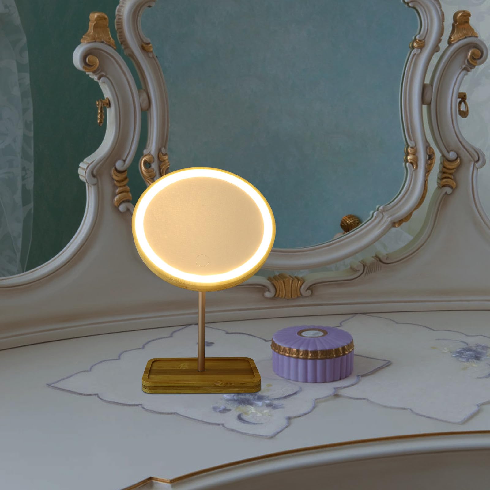 Angoily Miroir de Maquillage Rechargeable 1200ma Lumineux en Bois avec Lampe LED Intégrée et Plateau Style Moderne pour Coiffeuse et Plan de Salle de Bain