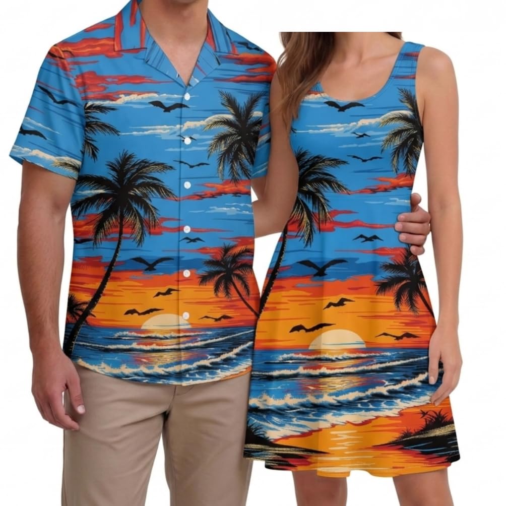 Hawaii Matching Couple Outfits Husband and Wife Clothing Fashionable Mens Casual Shirts Hawaii Dress with Soft Fabric