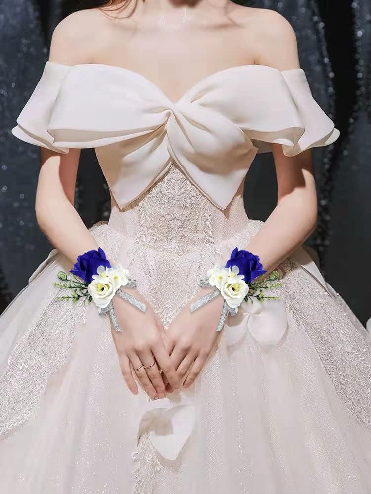 Ciandid Royal Blue Rose Wrist Corsage and Boutonniere set for Wedding, 3PCS Groom Groomsman Boutonnieres & 3PCS Bride Bridesmaid Wrist Corsages Wristlet Bracelet Flower for Wedding Ceremony Prom Party - Image 9