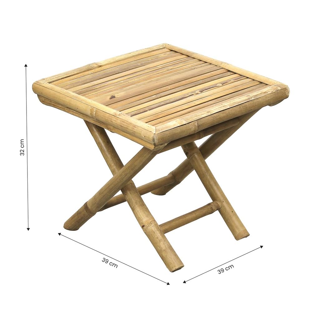 Brigros - Tavolino in Bamboo da Esterno e Interno, Tavolo Basso Naturale Coordinato con Lettino, Salvaspazio per Giardino Terrazzo Balcone, 39x39x32 cm