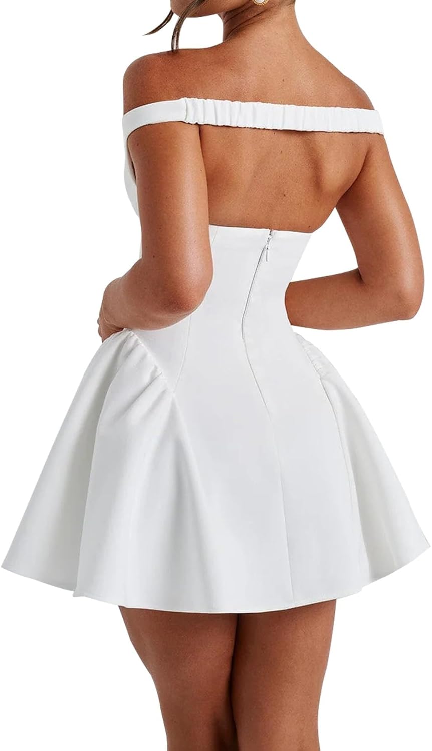 Women's Off Shoulder V Neck Mini Dress, White, A Line Backless Puffy Hem Cocktail Party Prom Gown