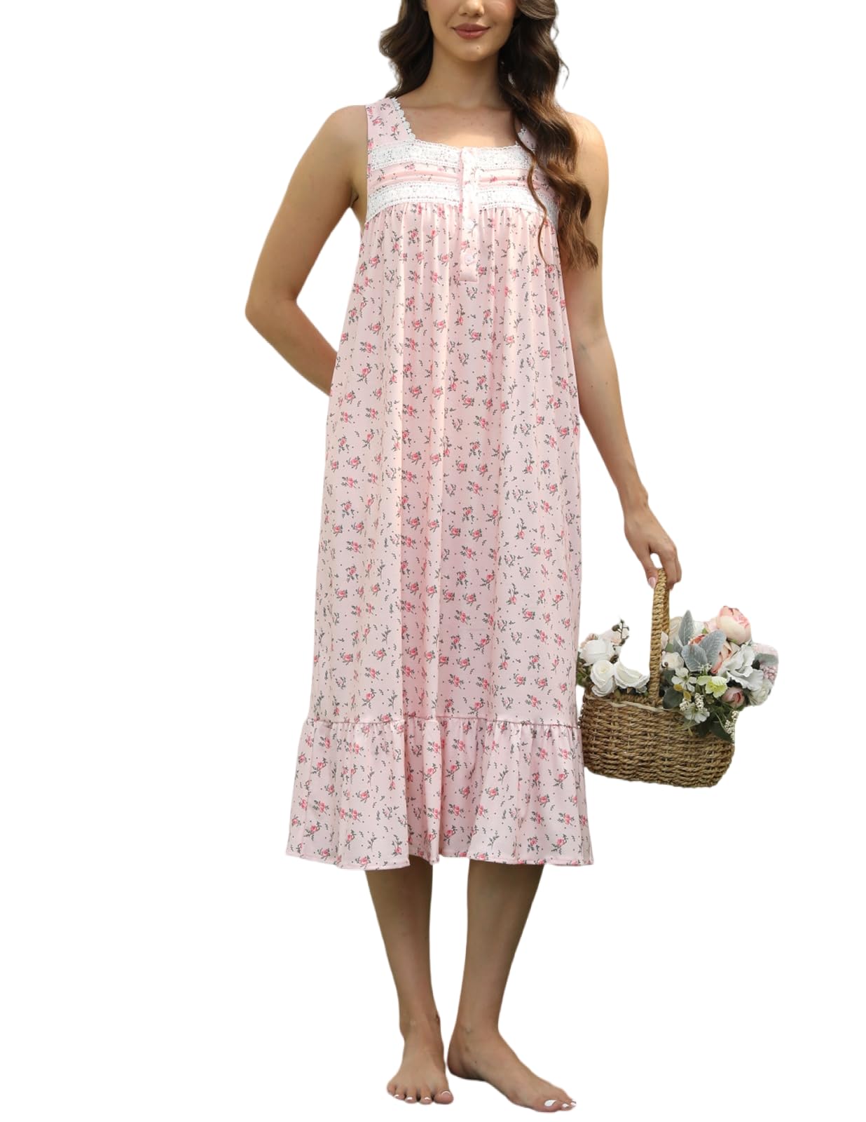 Rubehoow Nightgown Women's Long Cotton Sleep Dress Vintage Floral Sleeveless Nightshirt with Pockets and Button