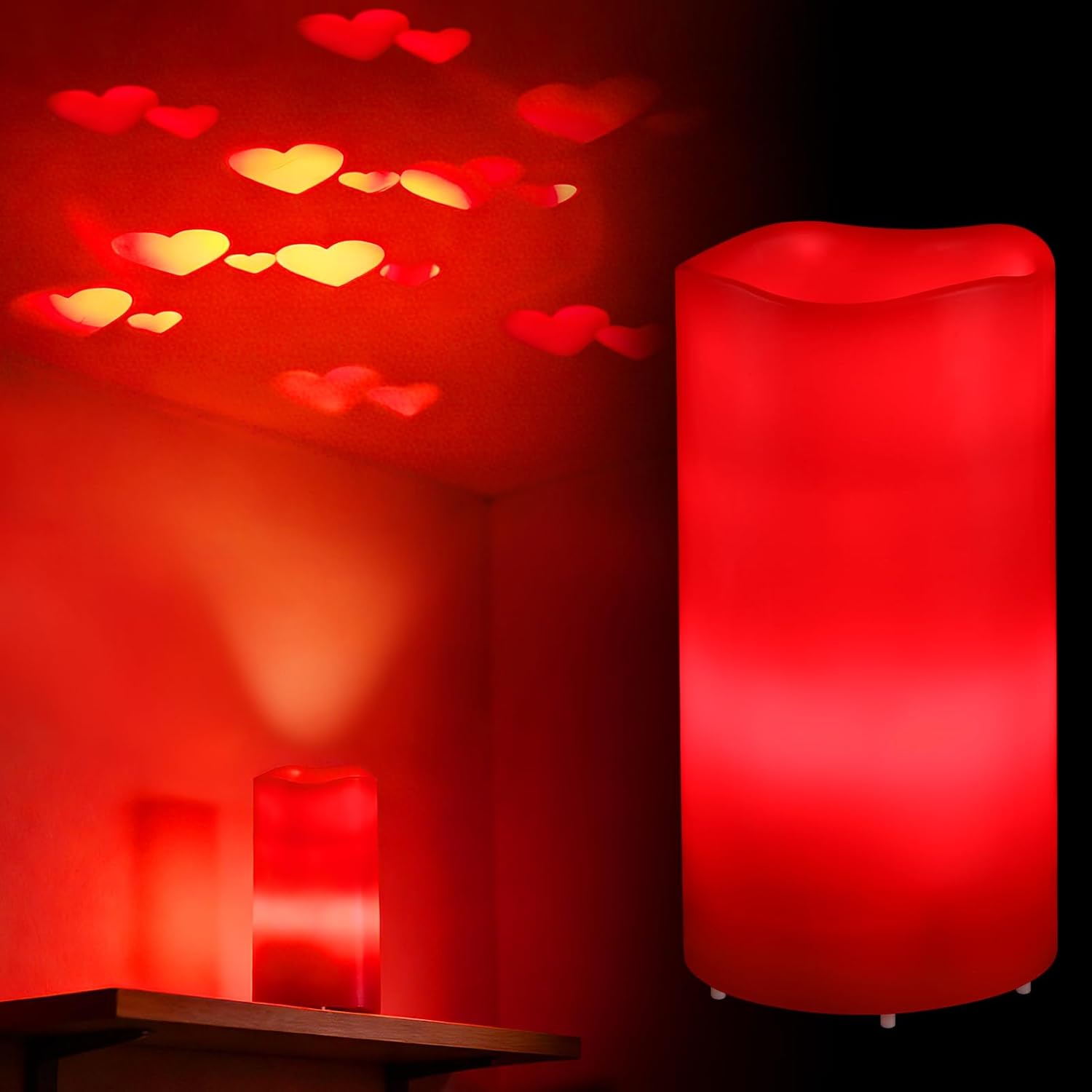 Valentines Decorations Flameless Candle with Heart Projection - Red LED Candle, Romantic Decorations for Date Night Valentine's Day Party Home, Battery Operated