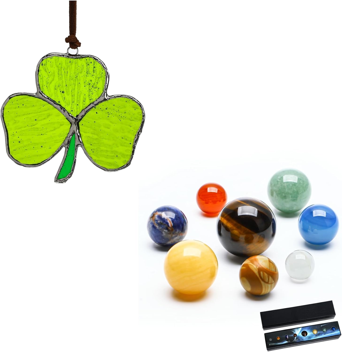 Handmade Stained Glass Shamrock Sun Catcher and Natural Gemstones Solar System Model Multicolor Space Decor