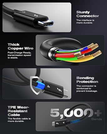 Thunderbolt 4 Cable, 3.3ft USB C to USB C Cable 240W Fast Charging, Blazing 40Gbps Data, Dual 8K/4K Video Output, for iPhone 16 MacBook Pro Air iPad Laptop and More-(Thunderbolt 4 Certified)