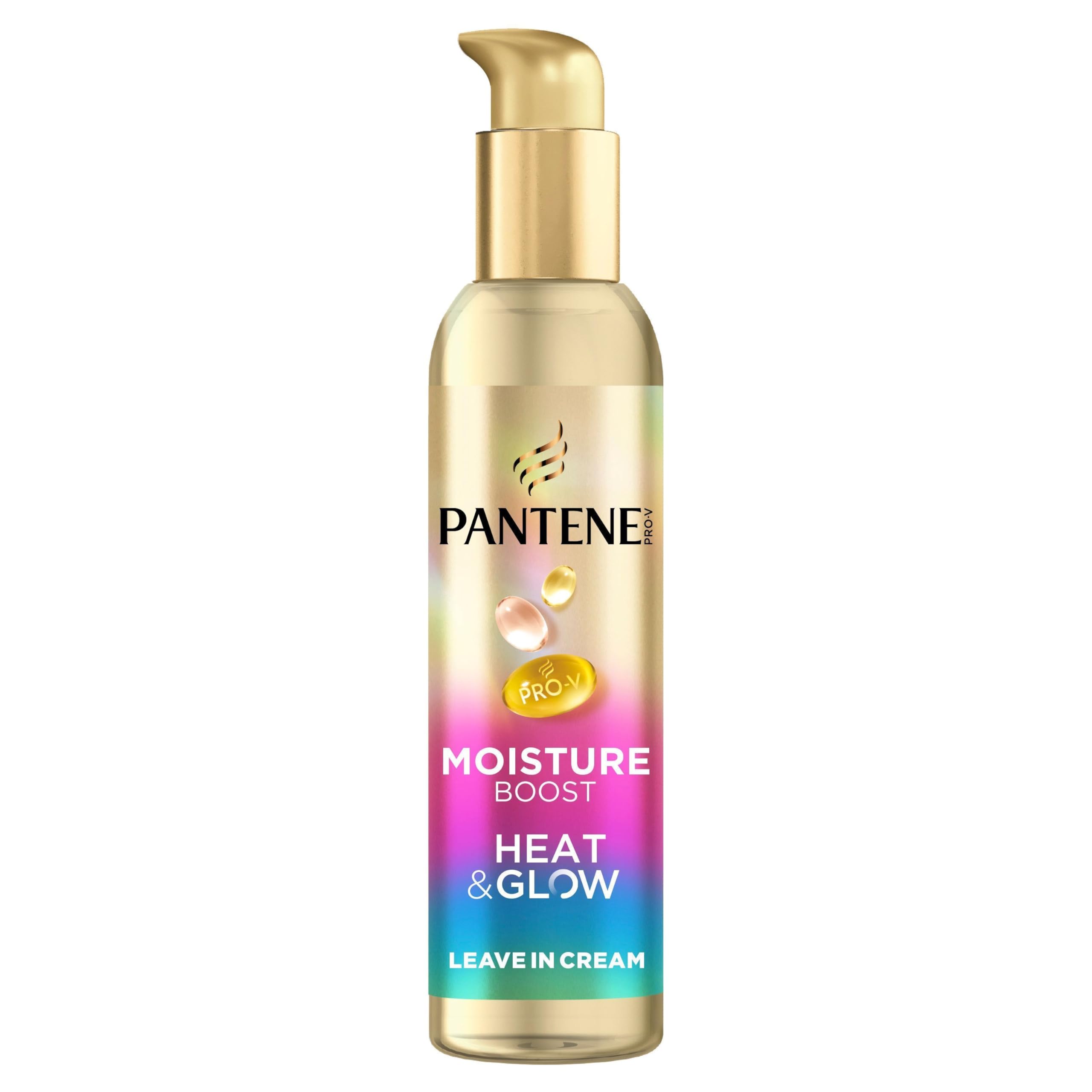 Pantene Pro-V Moisture Boost Heat & Glow Leave-In-Creme 135ml. Schützt vor Luftfeuchtigkeit, Frizz und Hitze. Mit Hitzeaktivierter Pro-V Formel. Anhaltende Weichheit und Glanz Ohne zu Beschweren
