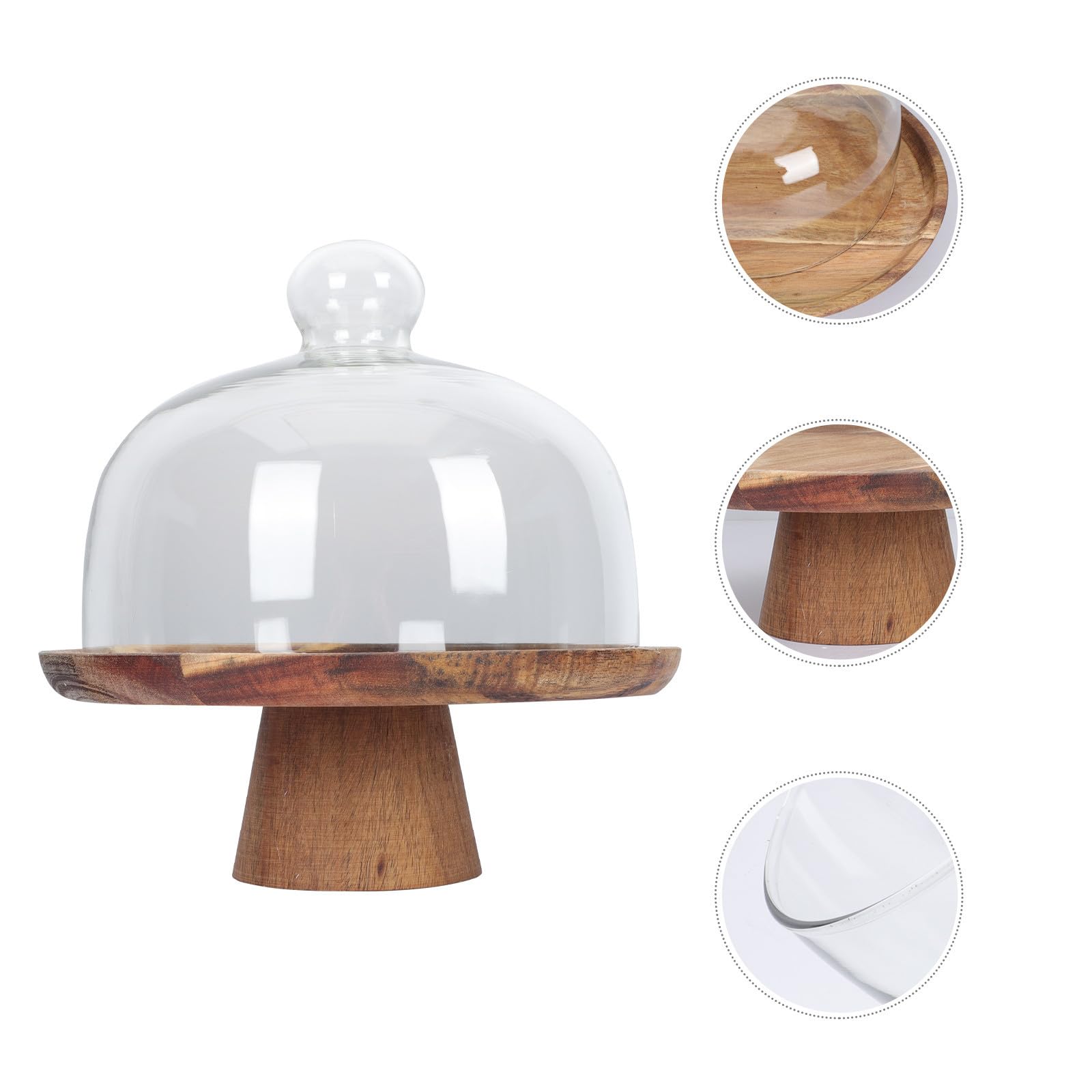 VICASKY Bandeja para Tartas Pequeña de Madera de Acacia con Soporte Alto y Tapa de Cristal, Bandeja para Servir Postres y Frutas, Expositor Adecuado para Fiestas y Eventos
