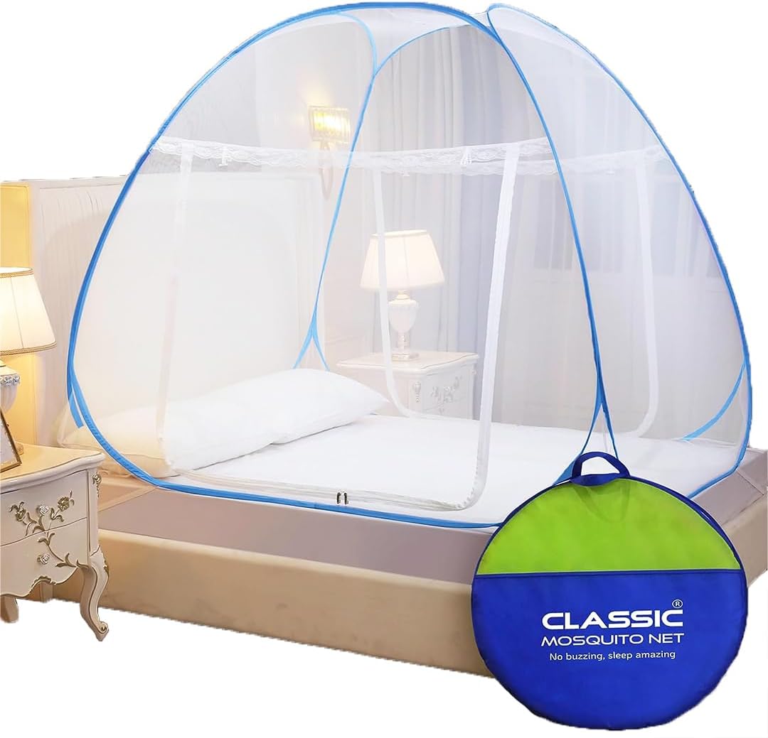 Classic Mosquito Net for Double Bed | King Size Foldable Machardani | Polyester 30GSM Strong Net | PVC Coated Corrosion Resistant Steel Wire - Blue