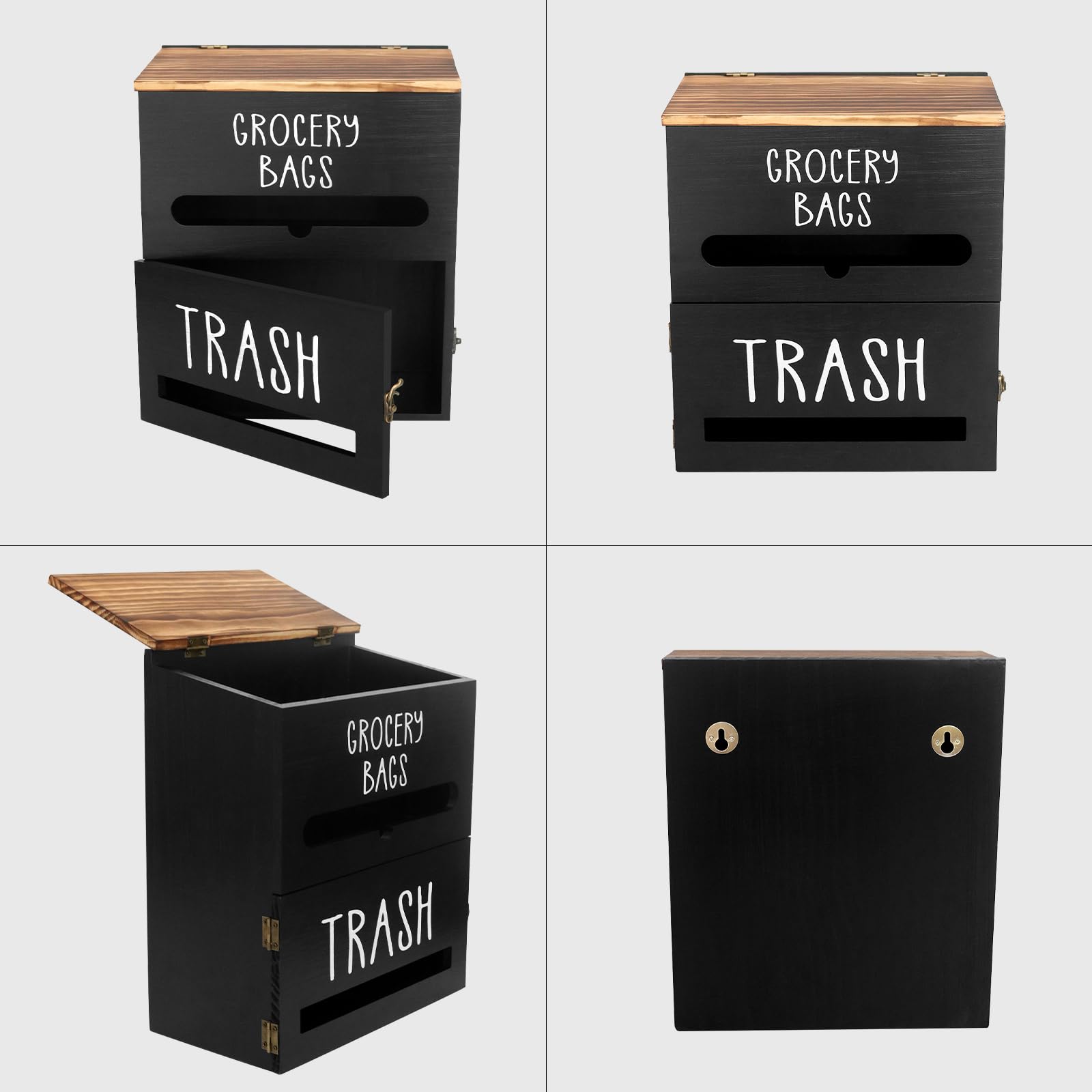 Dispensador de bolsas de basura 2 en 1, doble pared, soporte de madera para bolsas de basura, utilizado en cocina, garaje, lavandería, puede almacenar bolsas de alimentos y bolsas de basura