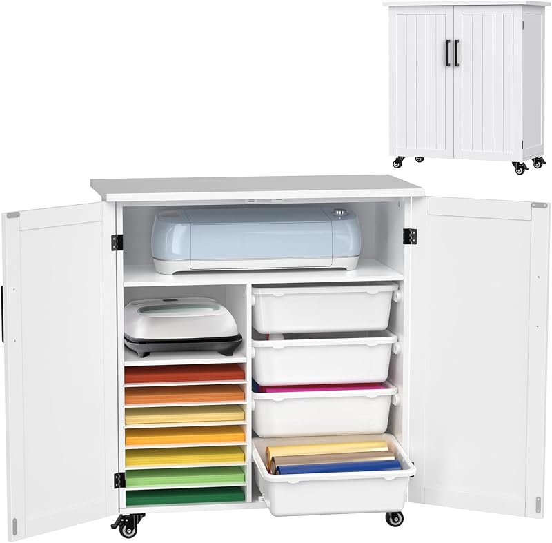 GDLF Craft Cart Compatible with Cricut, Rolling Storage Cabinet | Four plastic drawers, magnetic double doors and 3 hooks organize vinyl, 12 x 12 paper, cutting mats and accessories