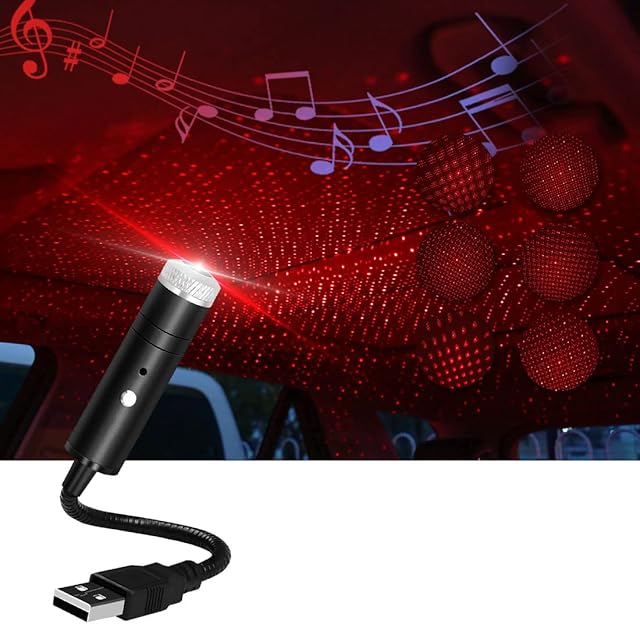 LIGHEID USB Car Roof Star Night Light Sound Activated and Auto Strobe, Adjustable Interior LED Romantic Strip Atmosphere Star Night Projector - Plug and Play (Red)